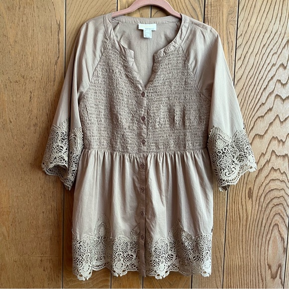 Alyssa W Collection Cotton Boho Button Up Smocked Tunic Lace Details Tan - Picture 9 of 12